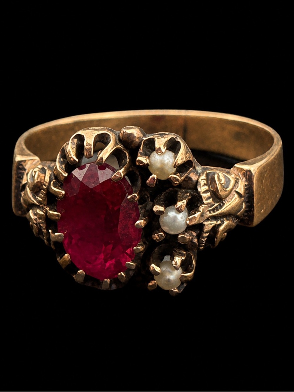 10K rose gold Antique Victorian ring ruby seed Pearl 5.5 vintage